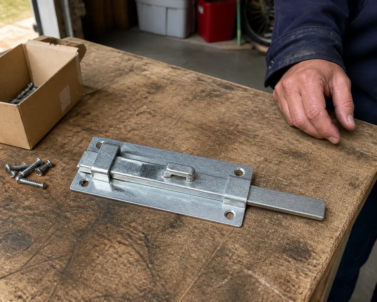 A detached metal slide bolt with mounting holes and retaining guides rests beside screws on a workbench. — Garage Door Manual Lock Repair, Hamilton