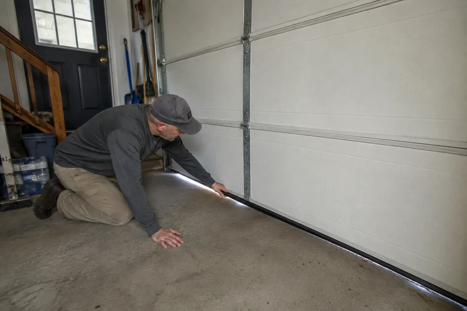 A person kneels beside the black bottom seal of a garage door, with daylight visible beneath the edge. — Garage Door Bottom Seal Replacement, Hamilton