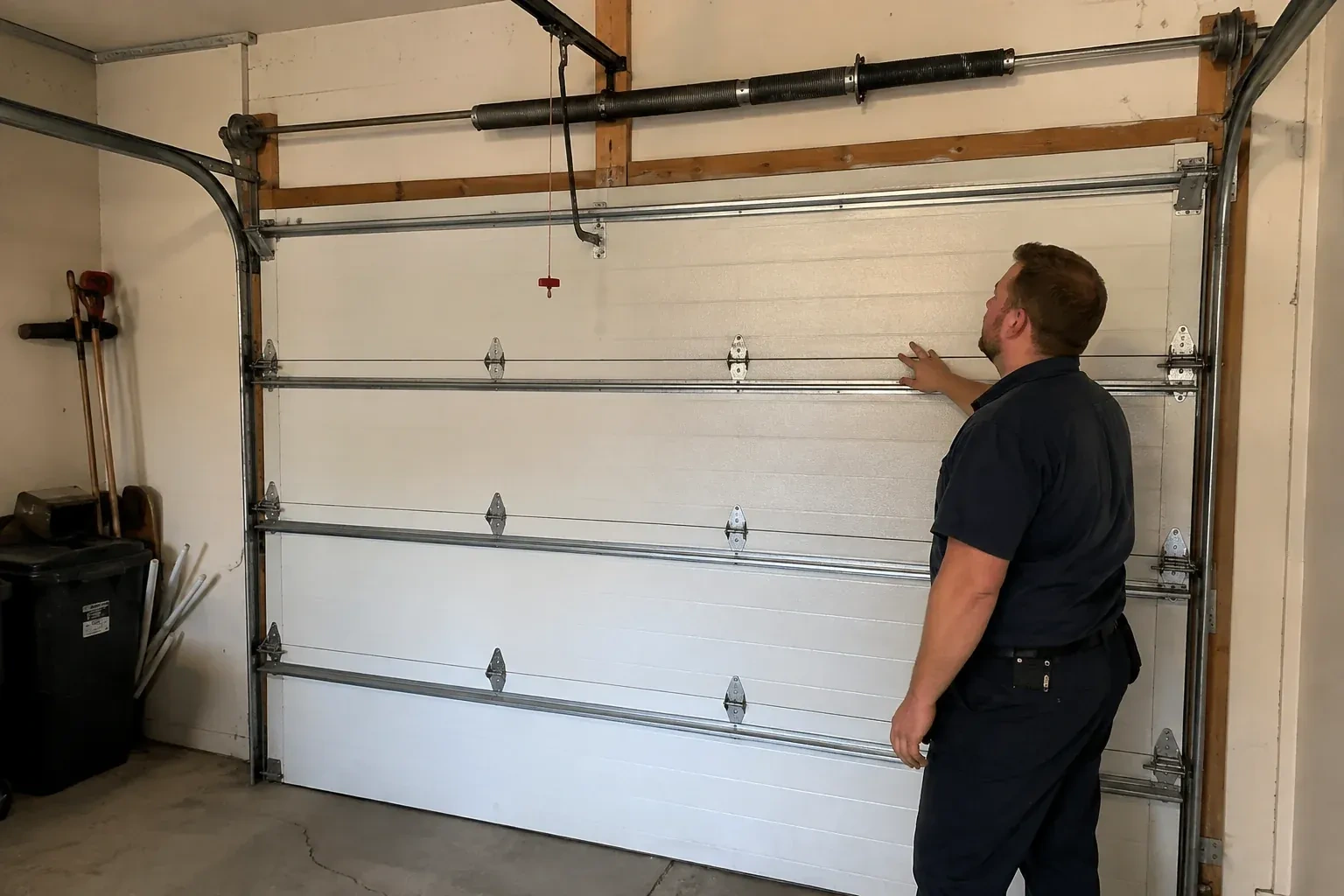 A person stands beside a closed sectional door beneath its overhead spring assembly. — Garage Door Balance Adjustment, Hamilton