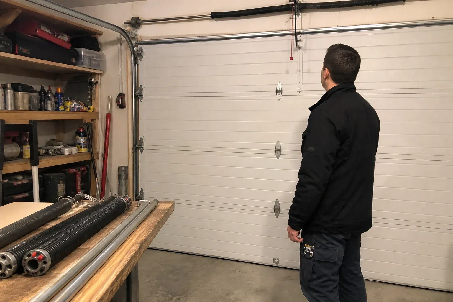 Person in a jacket facing a closed white sectional door, with coiled springs and steel tubes on a wooden bench. — Extension Spring Replacement, Hamilton
