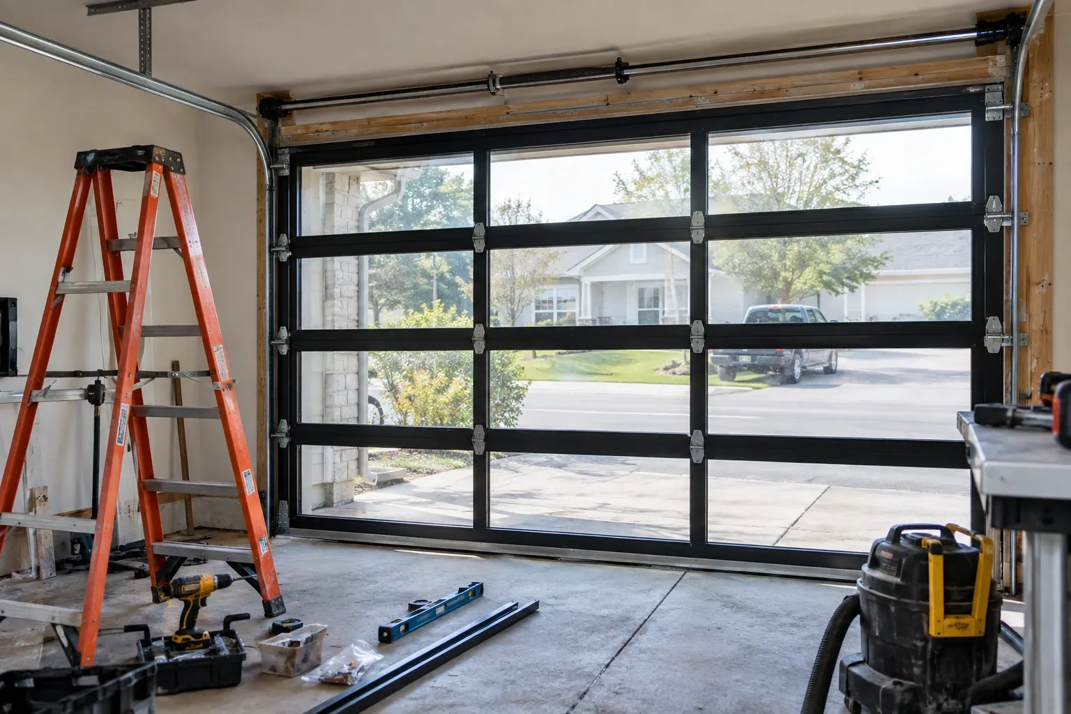 Full-glass garage door with black frames, an orange stepladder, a level, a drill and a shop vacuum on the concrete floor. — Cherry Heights
