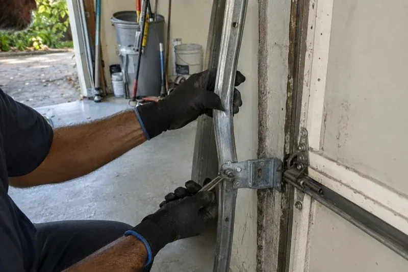Gloved hands holding a vertical garage-door track and a wrench at its mounting bracket beside a door hinge. — Garage Door Track Repair or Replacement, Hamilton