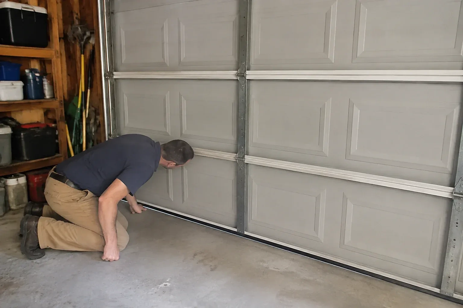 Person kneeling with a hand at the base of a gray paneled door that has a black strip along its bottom. — Garage Door Perimeter Weatherstrip, Hamilton