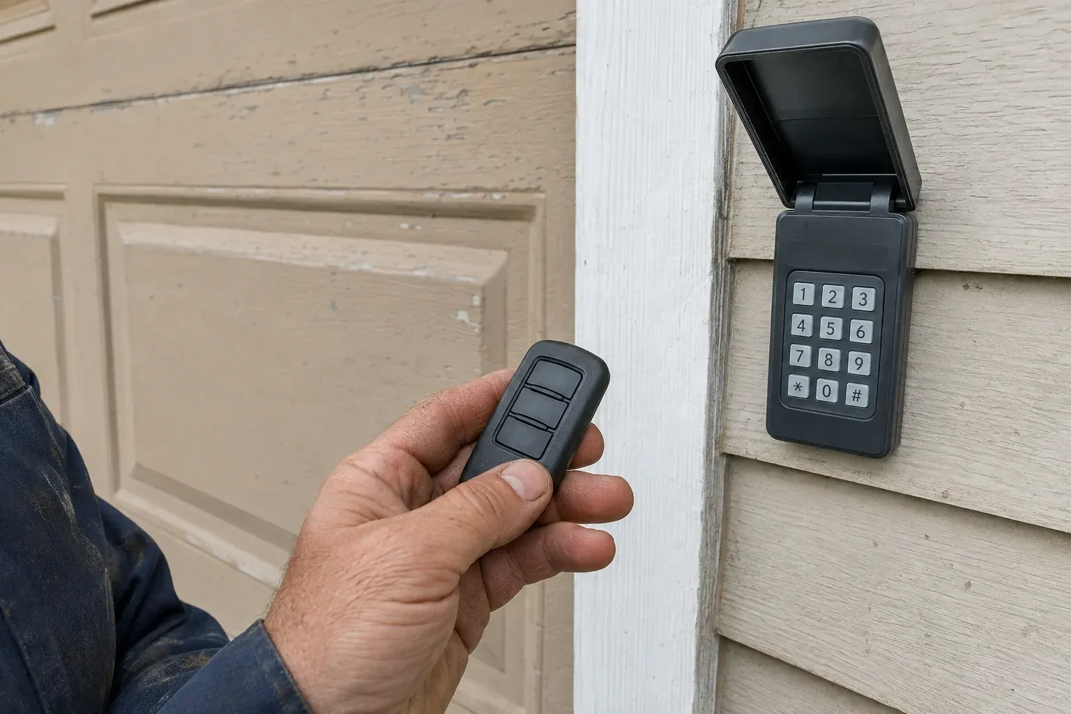A hand holds a three-button remote beside an exterior garage keypad with its cover open. — Garage Door Remote and Keypad Programming, Hamilton