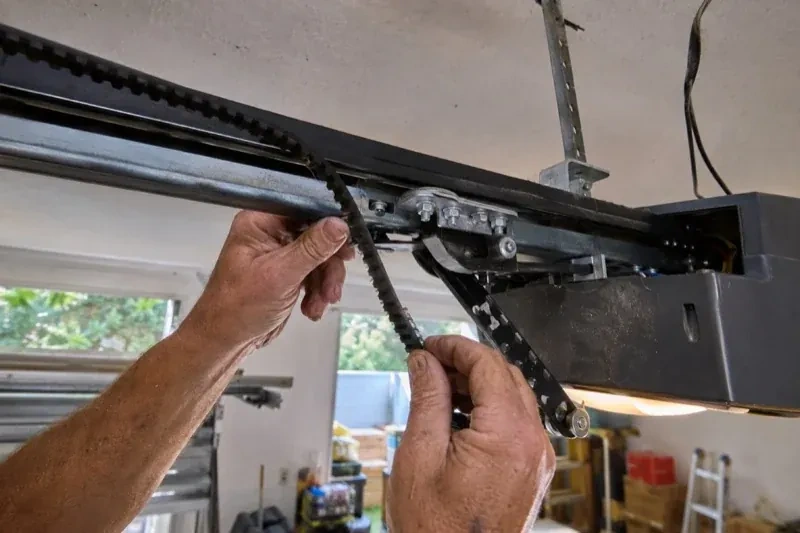 Hands holding a loose toothed belt beside the rail and trolley of an overhead garage-door opener. — Belt-Drive Opener Repair, Hamilton