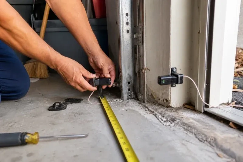 Hands holding a small wired device beside another mounted device and a tape measure at a garage-door opening — Photo-Eye Sensor Alignment or Replacement, Hamilton