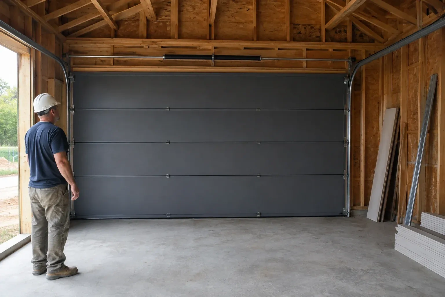 A person wearing a hard hat stands beside a dark sectional door in an unfinished timber-framed garage. — New-Construction Garage Door Installation, Hamilton