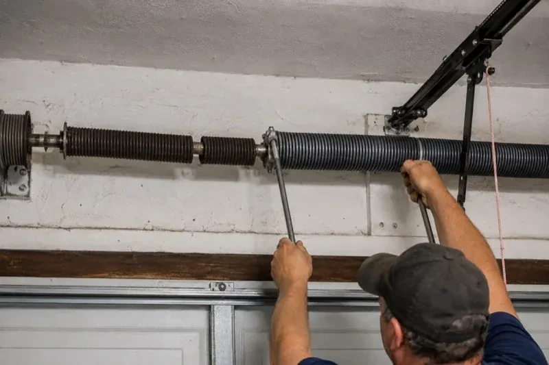 Person holding metal bars beside exposed coiled springs above a garage door. — Torsion Spring Replacement, Hamilton
