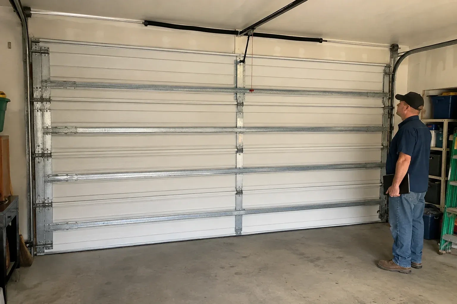 A person examines horizontal metal reinforcement members across the interior of a closed garage door. — Wind-Rated Garage Door Replacement, Hamilton