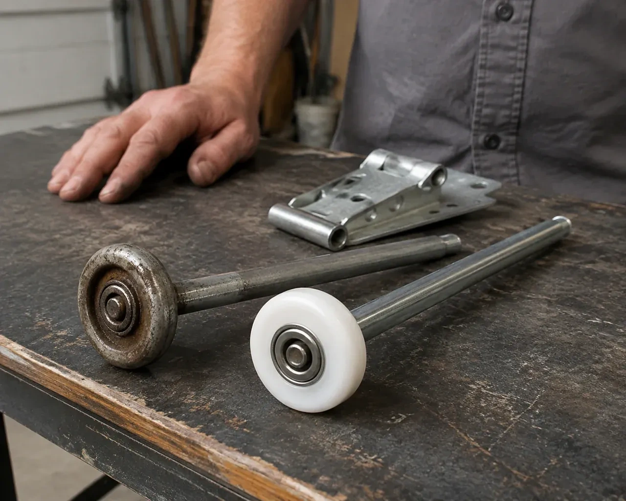 Steel and nylon garage-door rollers with long stems lie beside a detached hinge on a workbench. — Garage Door Roller Replacement, Hamilton
