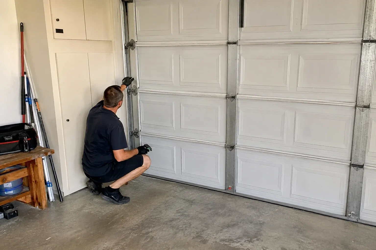 A person kneels beside the side track and hinges of a closed sectional garage door. — Garage Door Safety Inspection, Hamilton