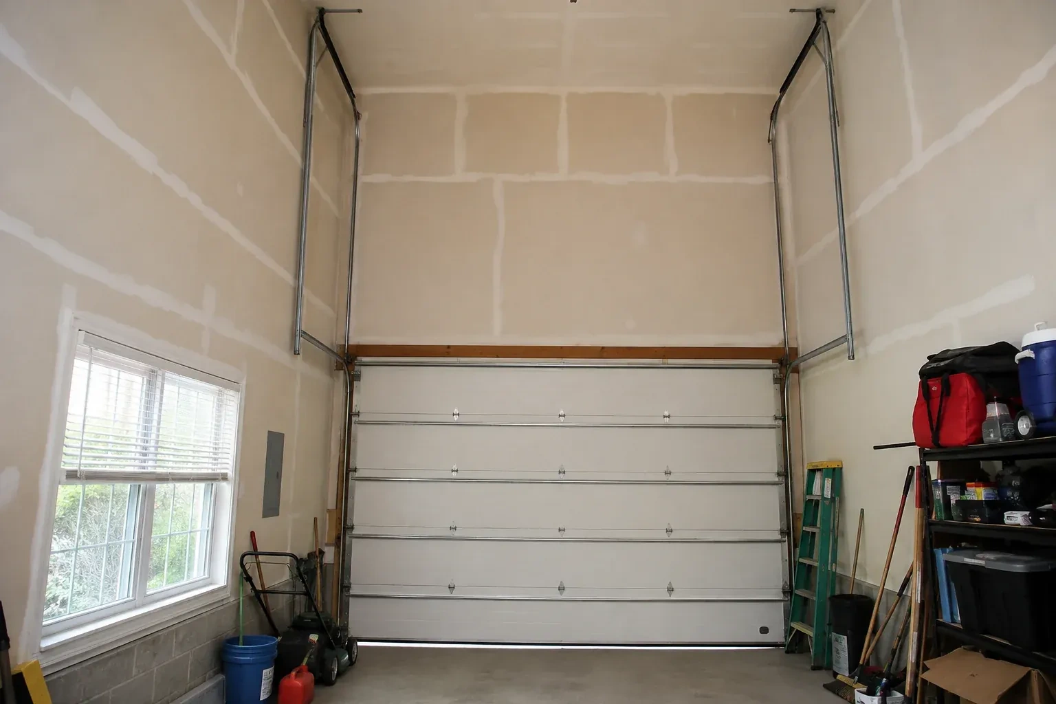 Tall garage interior with a sectional door and tracks extending into overhead space. — High-Lift Garage Door Conversion, Hamilton