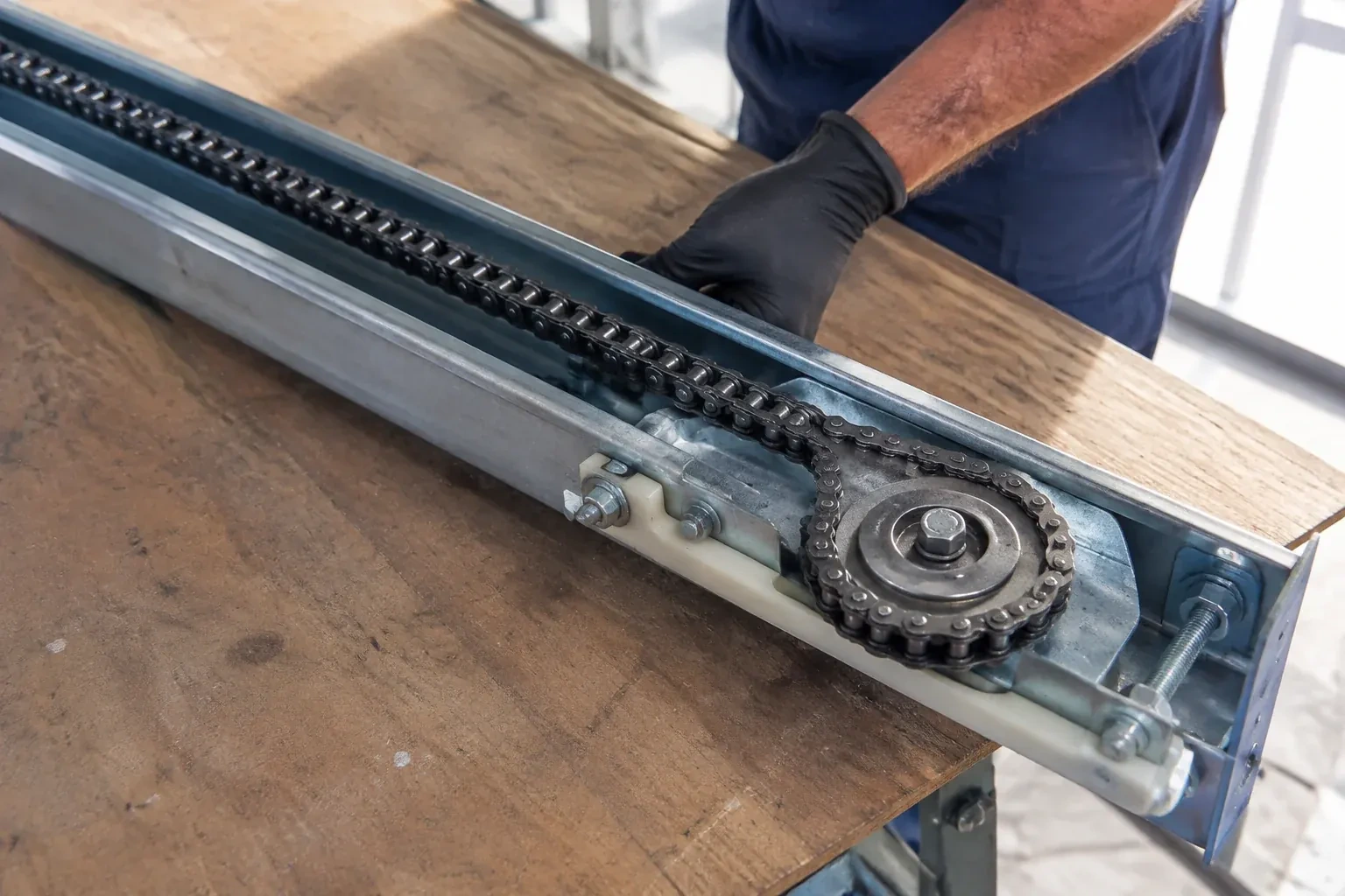 Gloved hand resting on a steel opener rail laid on a wooden bench, showing a drive chain looped around a sprocket wheel. — Chain-Drive Opener Repair, Cherry Heights
